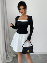 Form-Fitting Elegant Square Collar Color Block Women Dress